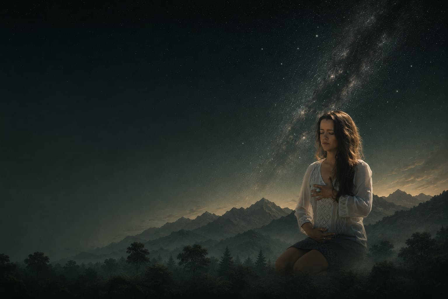 Sophia kneeling with her hand to her heart beneath a starry night sky over misty forest and mountains
